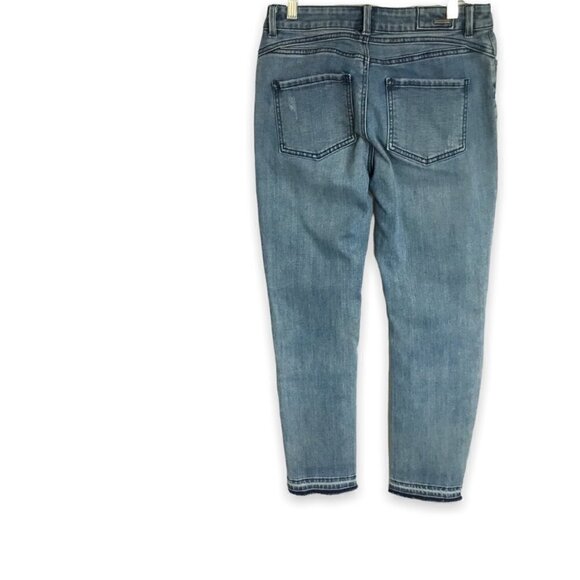 prAna Jeans Button Front Mid Rise Skinny Style Sz 2 Dropped Hem Medium Wash Blue - Picture 2 of 9